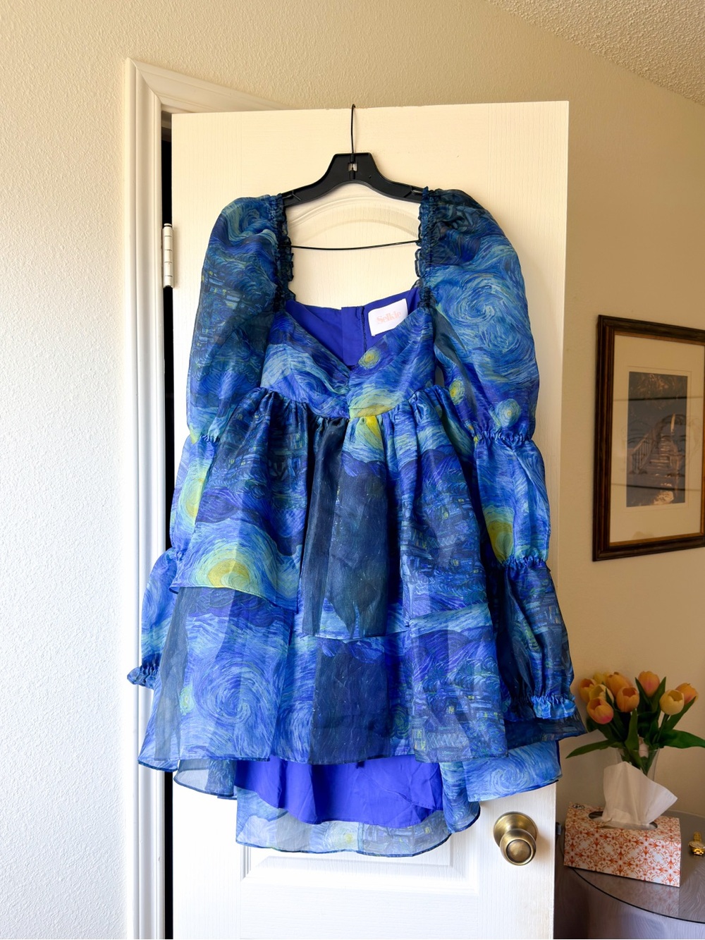 Selkie Starry Night Moonlight Puff Dress Van Gogh Print Medium EUC - Picture 2 of 13